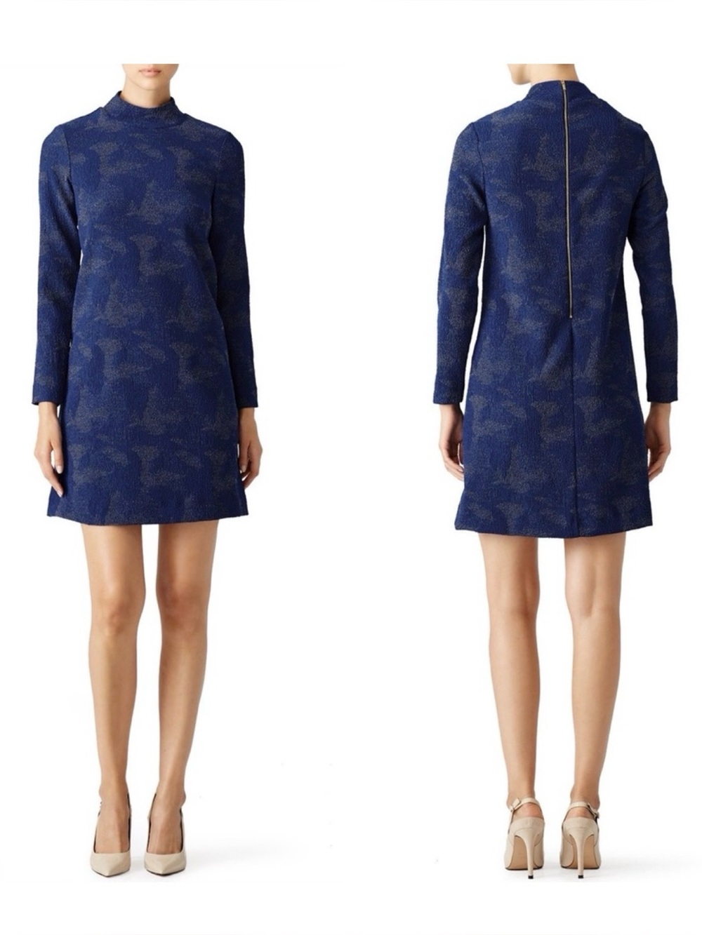 Hunter Bell Polly Blue Long Sleeved Mockneck Textured Crepe Shift Mini Dress 12